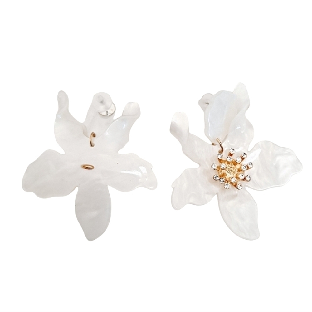 Gold White Flower Statement Earrings Oversized Rhinestone Bridal Formal Wedding - Picture 8 of 17